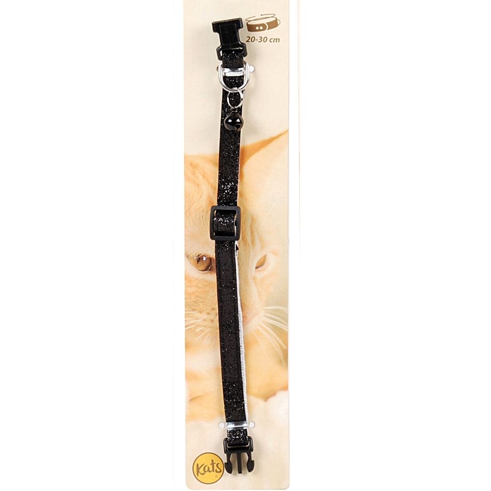 Zgardă ajustabilă cu sclipici și clopoțel pentru pisici, Kats, 20-30 cm, neagră