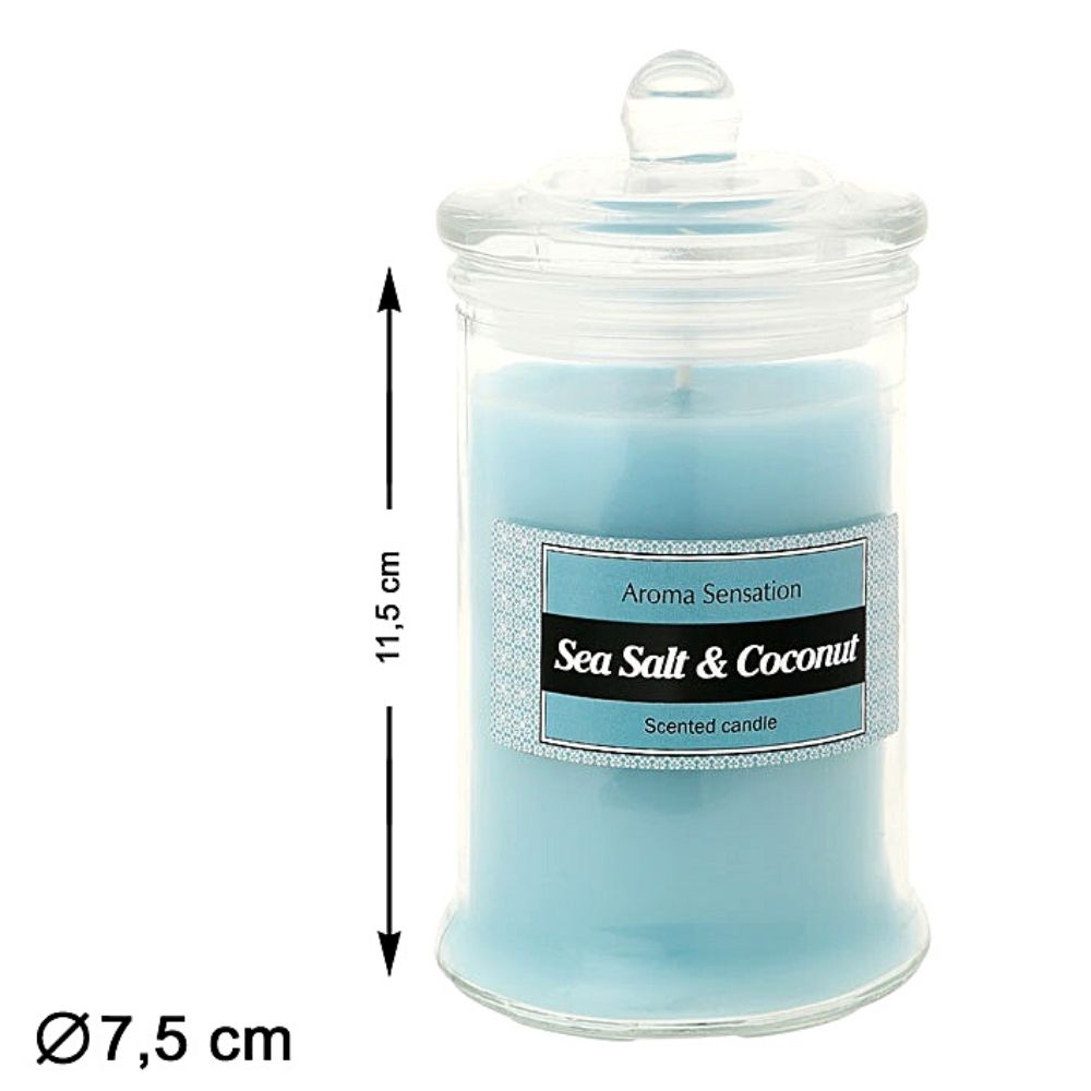 Lumânare decorativă cu aromă de sare de mare și cocos, Aroma Sensation, 7.5×11.5 cm, albastră