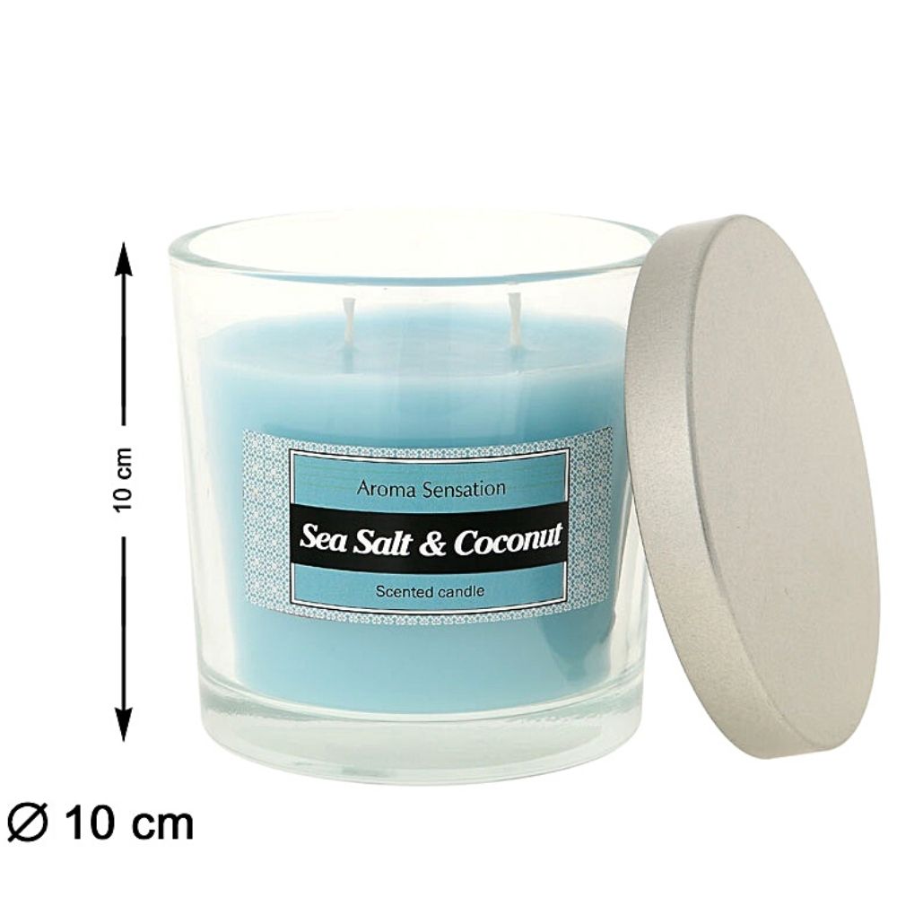 Lumânare decorativă cu două fitile, aromă de sare de mare și cocos, Aroma Sensation, 10×10 cm, albastră