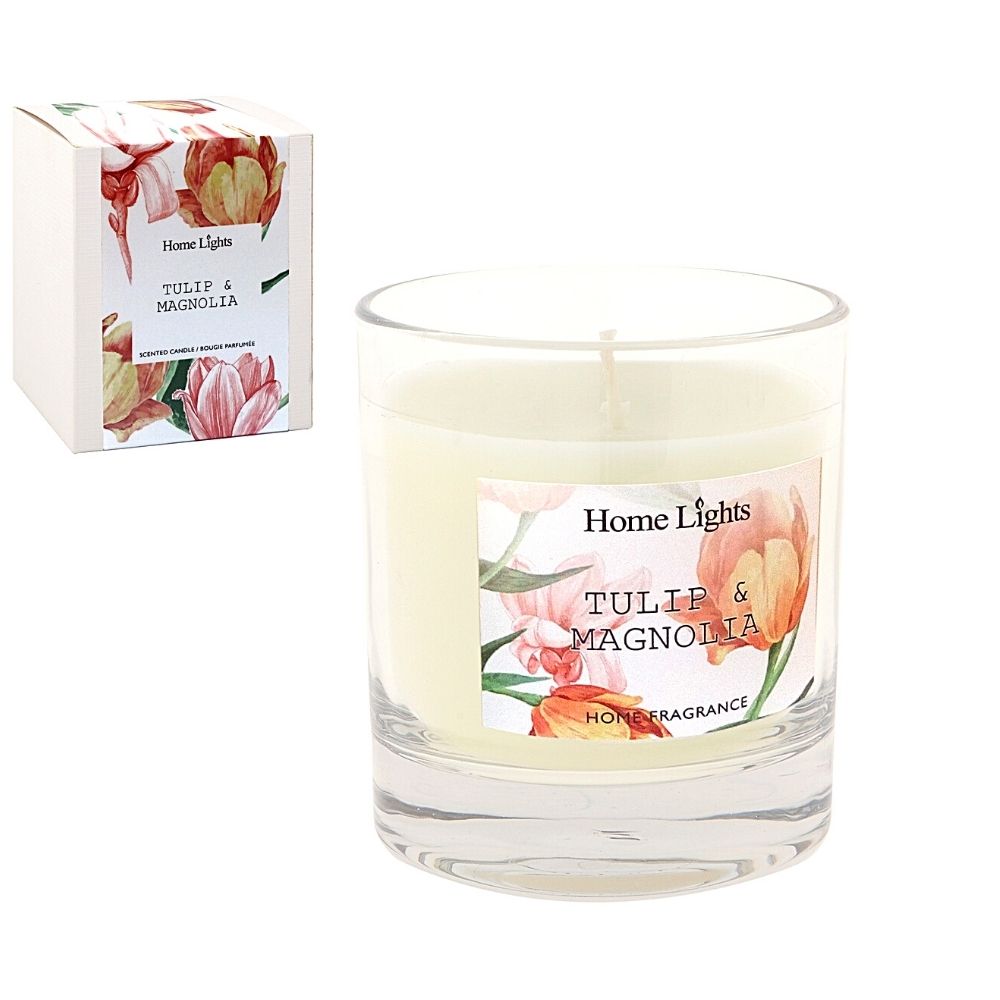 Lumânare parfumată cu aromă de magnolie și lalea, Home Lights, 10x9x8.5 cm, albă