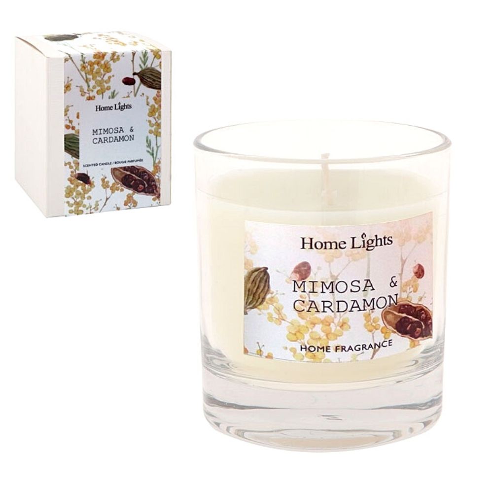 Lumânare parfumată cu aromă de mimoză și cardamon, Home Lights, 10x9x8.5 cm, albă