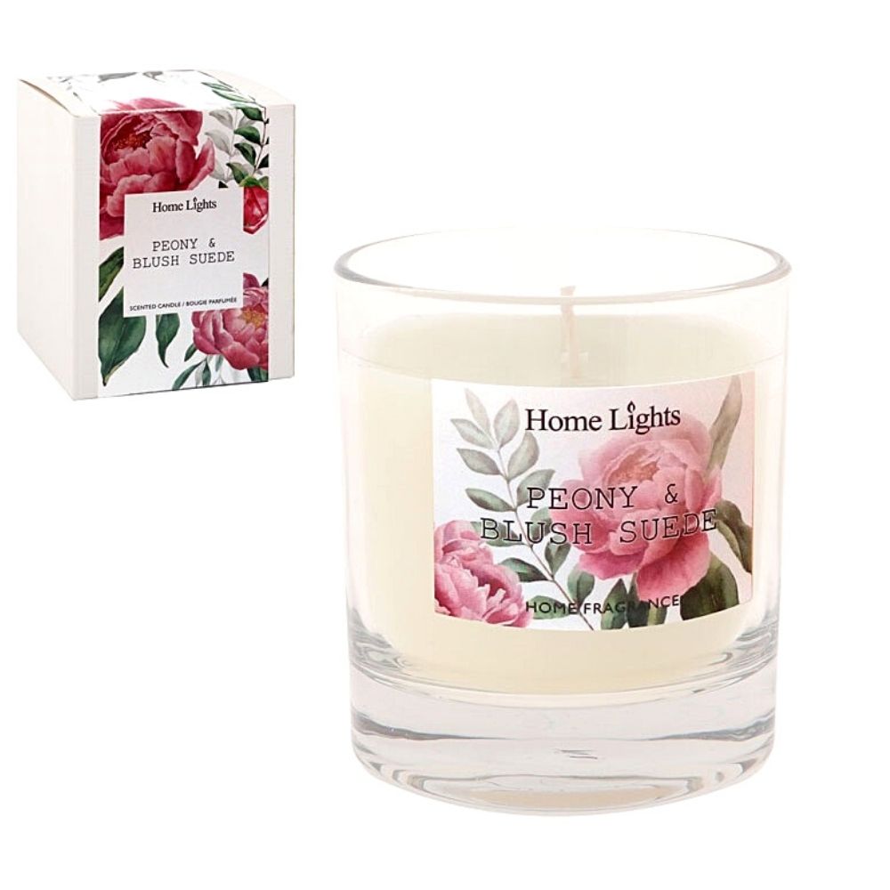 Lumânare parfumată cu aromă de bujor și blush suede, Home Lights, 10x9x8.5 cm, albă