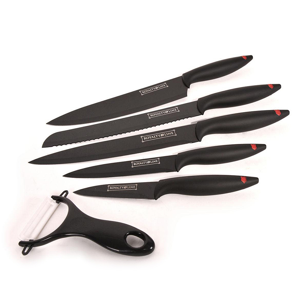 Set 5 cuțite cu mânere din silicon și curățitor legume, Royalty Line, negru