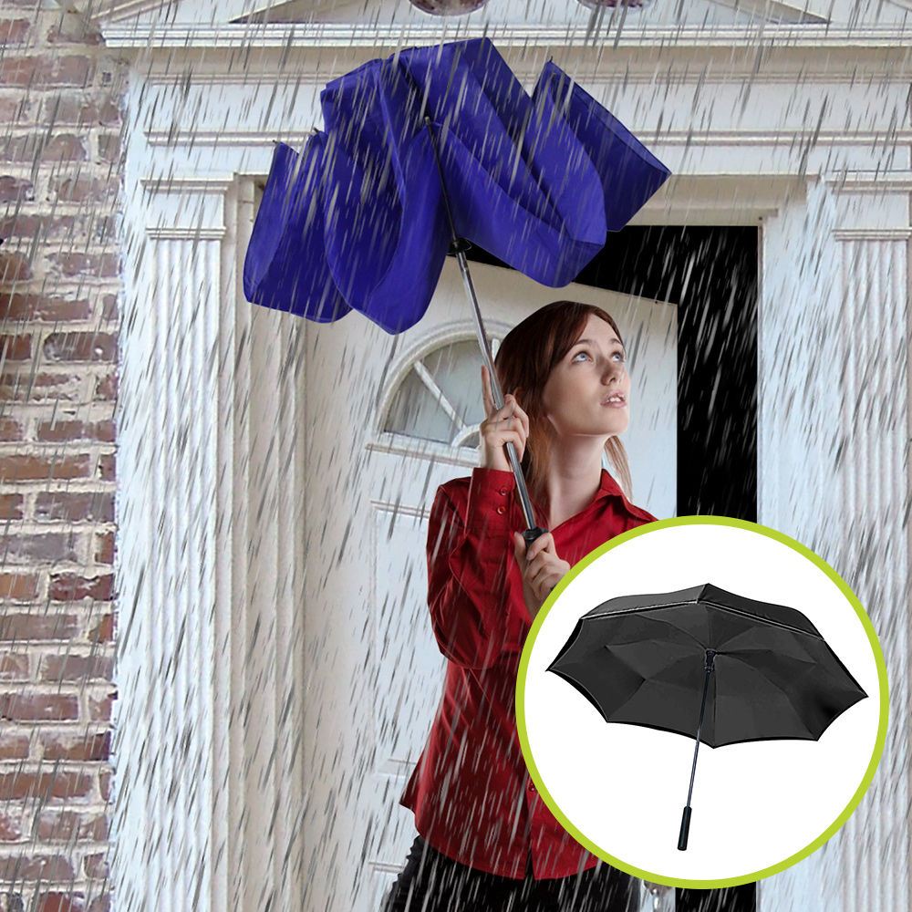 Set umbrele reversibile Wonderdry: umbrelă automată, lungă, albastră și umbrelă compactă, neagră CADOU