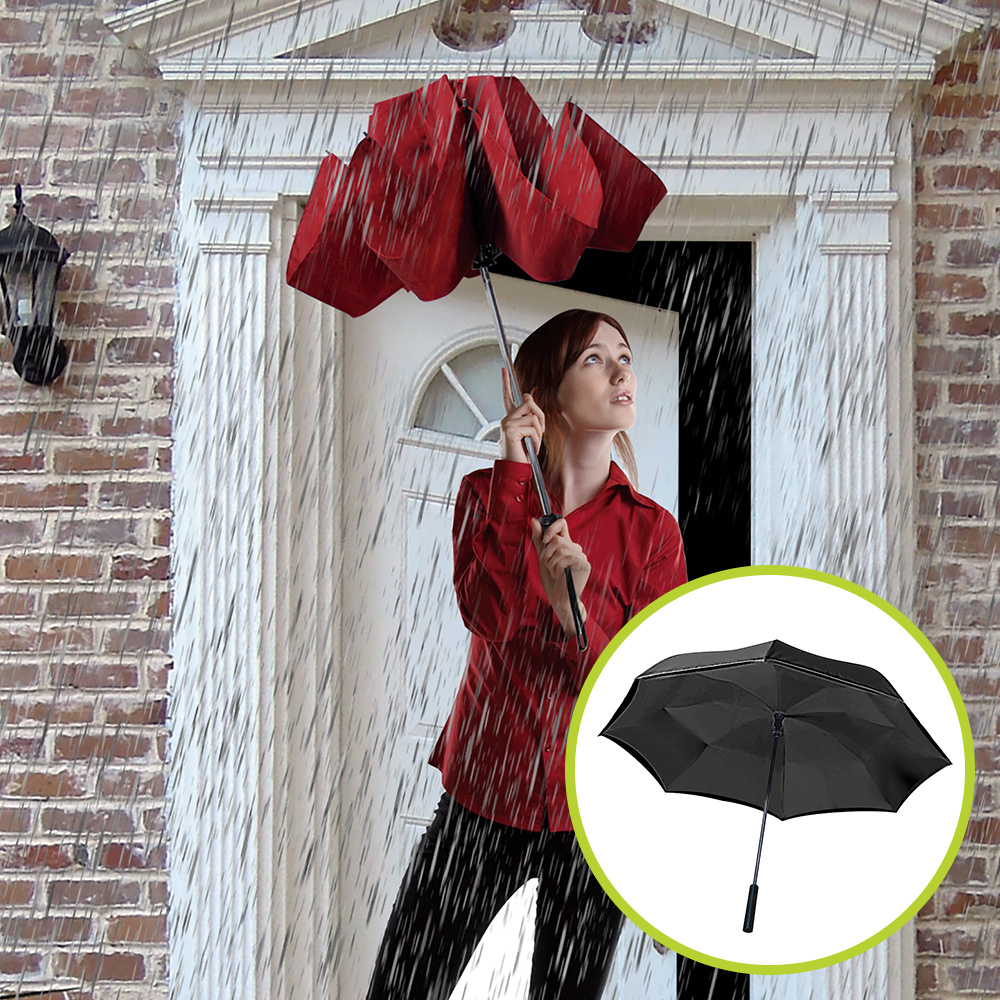 Set umbrele reversibile Wonderdry: umbrelă automată, lungă, roșie și umbrelă compactă, neagră CADOU