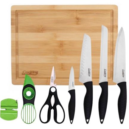 Set cuțite de bucătărie din inox, accesorii și tocător din bambus, 8 piese 