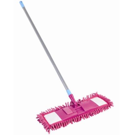 Mop plat cu cap rotativ și mâner din plastic, roz