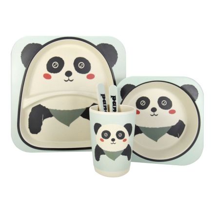Set de masă pentru copii, model panda, 5 piese din bambus