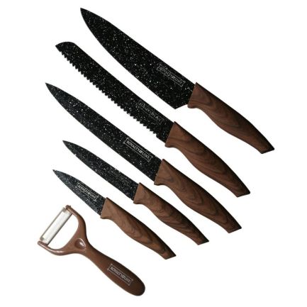 Set 5 cuțite cu înveliș antiaderent și curățător de legume, Royalty Line, maro