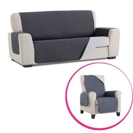Set Husă canapea, 3 locuri + Husă fotoliu, reversibile, Easy Cover Protect, gri/gri închis