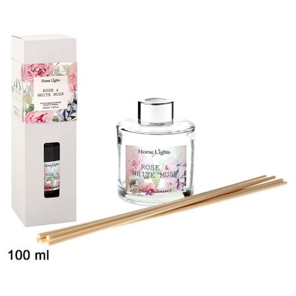 Odorizant de cameră cu bețișoare, aromă de trandafir și mosc alb, Home Lights, 100 ml, alb