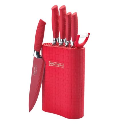 Set 5 cuțite antiaderente, curățător de legume și suport, Royalty Line, roșu