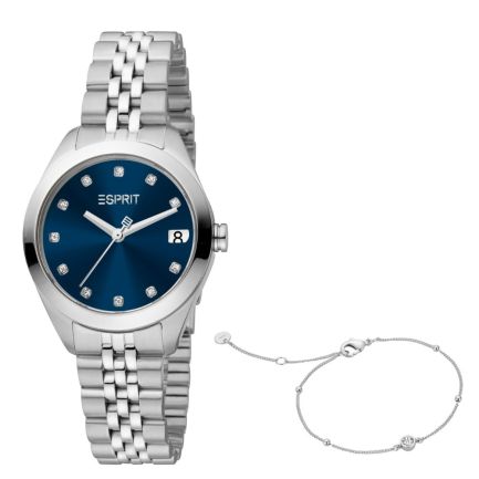 Set brățară și ceas de damă din oțel inoxidabil, cadran bleumarin și cristale, Esprit, argintiu