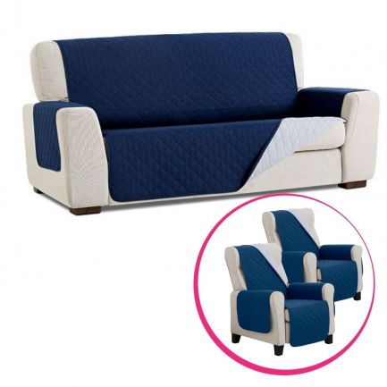 Set Husă canapea, 2 locuri + 2 Huse fotoliu, reversibile, Easy Cover Protect, albastră/gri
