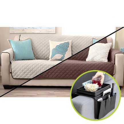 Set Husă reversibilă de protecție pentru canapea, 125cm, Sofa Saver, bej/maro + Organizator Sofa Tray