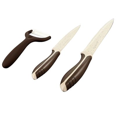 Set 2 cuțite cu dimensiuni diferite și curățător legume din oțel inoxidabil, maro