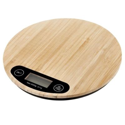 Cântar electronic de bucătărie, din bambus, rotund, 20 cm, 5kg, maro