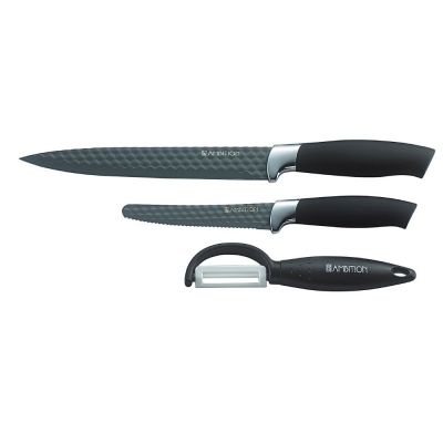 Set 2 cuțite cu dimensiuni diferite și curățător legume din oțel inoxidabil, negru
