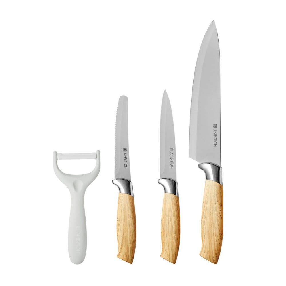 Set 3 cuțite cu dimensiuni diferite și curățător de legume, din oțel inoxidabil